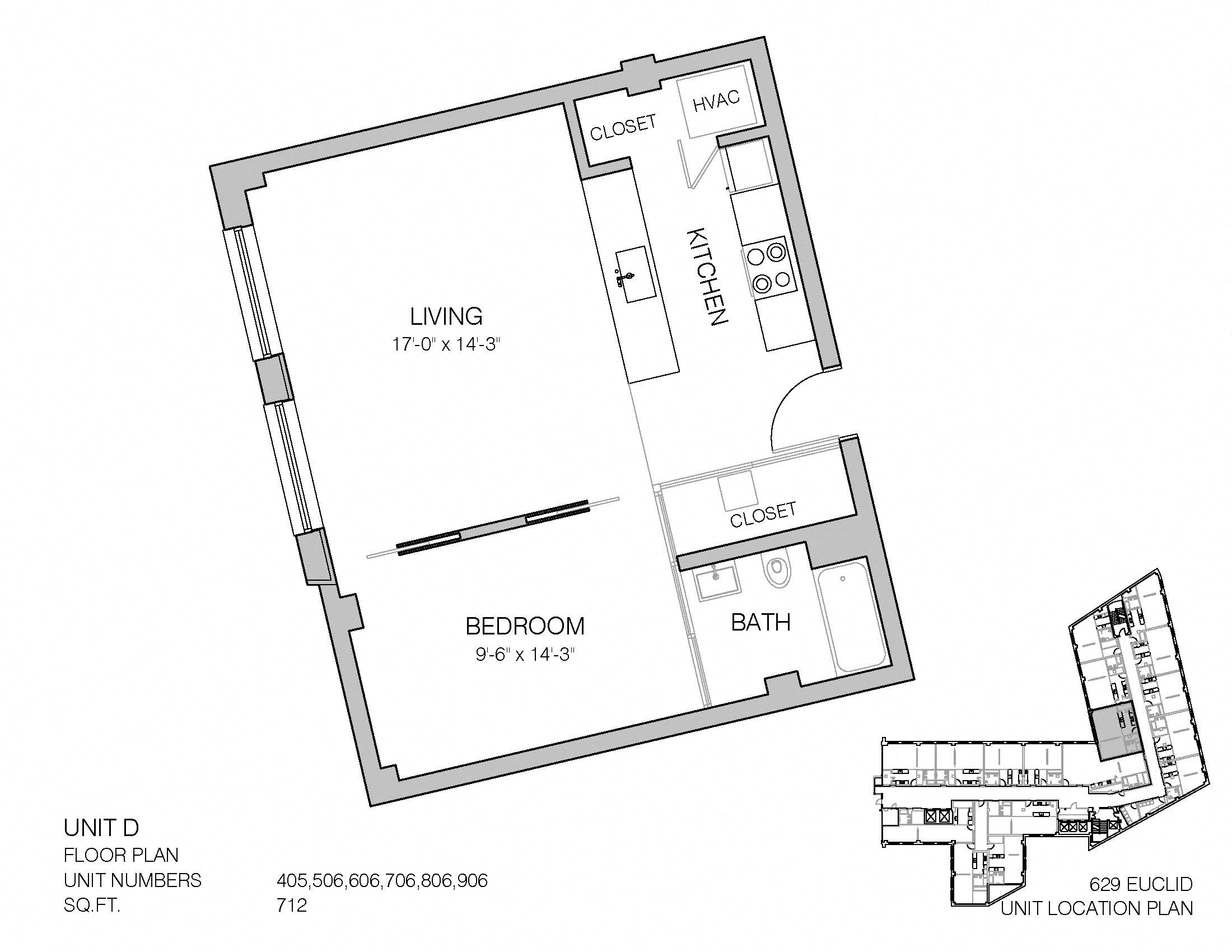 Floor plan for 1 bed, 1 bath, 712 sqft